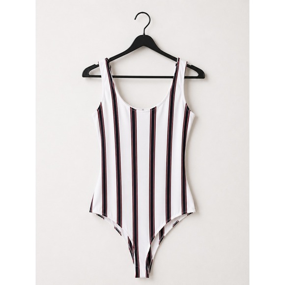 Tops - Womens White Vertical Stripe Scoop Neck Bodysuit Navy Red Stripe Size-M